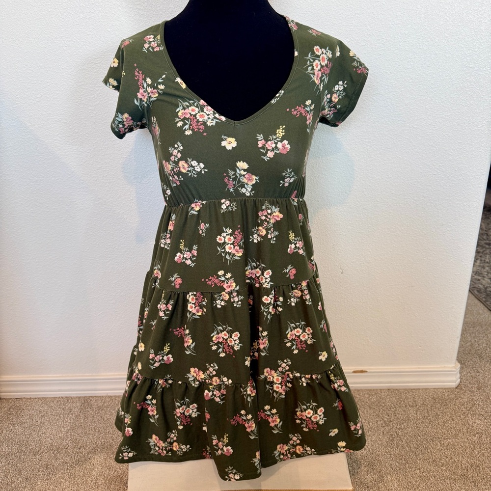 No Boundaries Juniors Green Dress Floral Print Cottagecore Bloomcore Size S 3-5